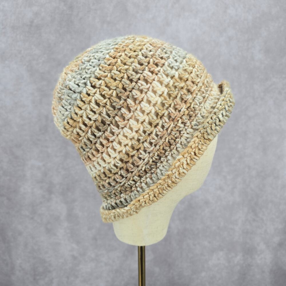 Cream Gray Crochet Knit Bucket‎ Cap Hat Fun VTG Y2K Funky Beanie